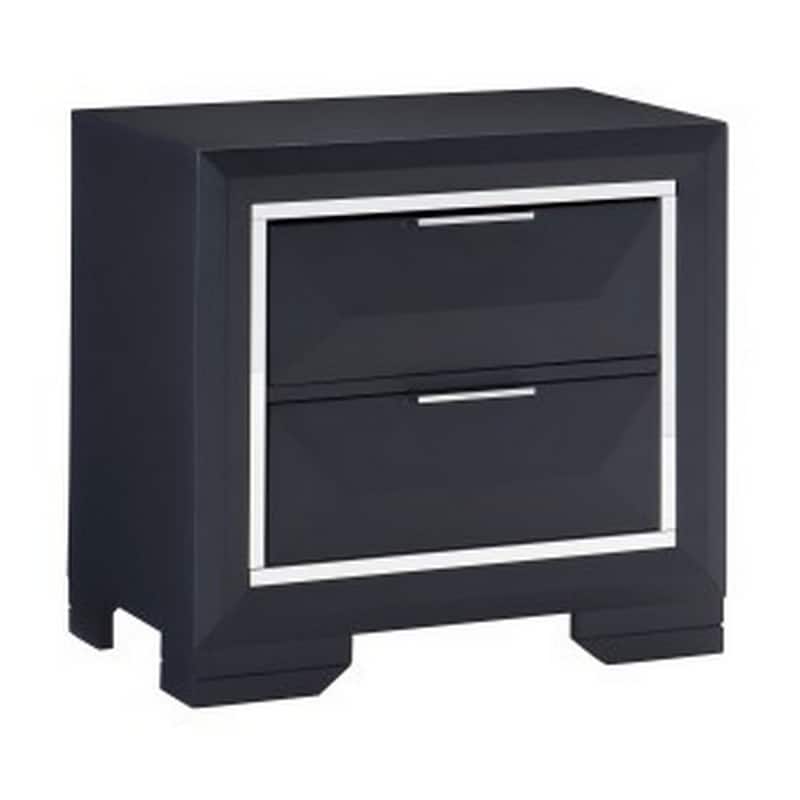 Rosy 27 Inch Nightstand, 2 Drawers, Chrome Accents, Midnight Blue Wood