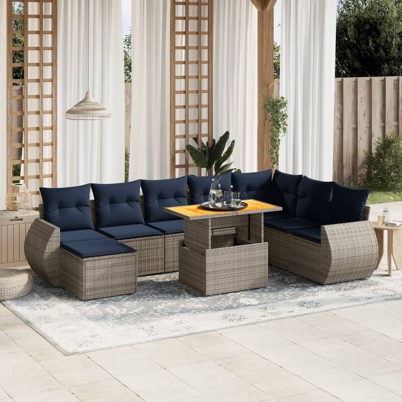 vidaXL Patio Sofa Set with Cushions Outdoor Furniture 9 Piece Poly Rattan - Grey - 21.7 x 24.4 x 27.2