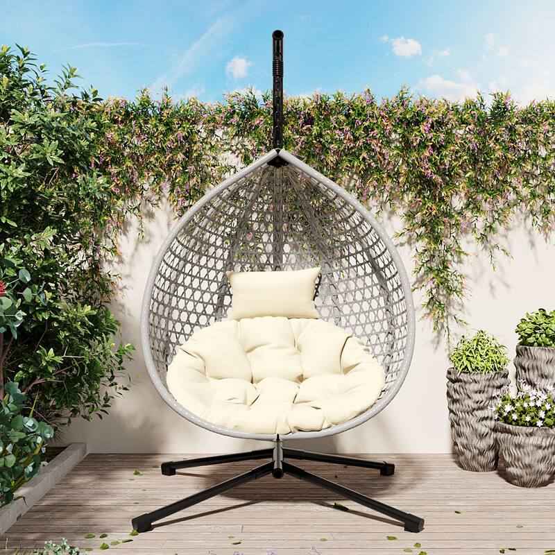 Hollowed-Out Hanging Chair with Adjustable Headrest, Weather-Resistant Rattan Swing Chair with Iron Base - Gray+Beige