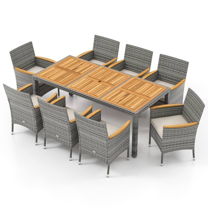 Gymax 9 Pieces Patio PE Wicker Dining Set Outdoor Acacia Wood Table &