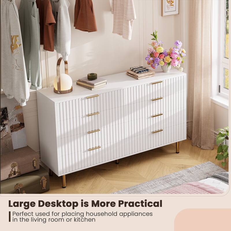 Fluted 8 Drawer Storage Dresser, Tall Modern Chest with Ample Deep Drawers and Wide Top