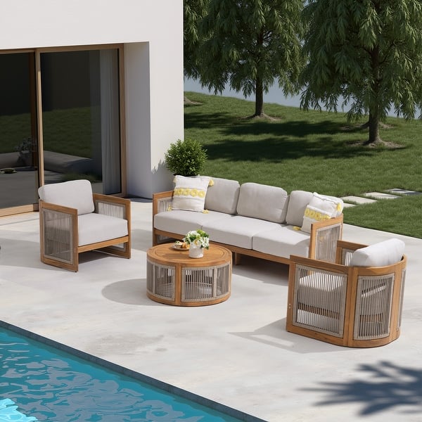 slide 2 of 16, Outdoor 4-Piece Wooden Sofa Conversation Set With Cushions Beige