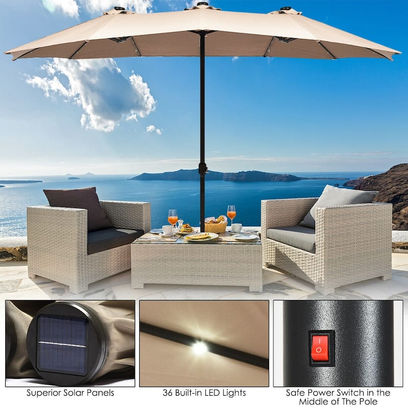 15 Ft Patio LED Crank Solar Powered 36 Lights Umbrella - 15 Ft x 8 Ft (W x H)