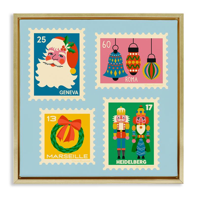 Stupell Vintage Christmas Postage Stamps Framed Floater Canvas Wall Art Design By Carrie Cantwell - 25 x 25 - Gold