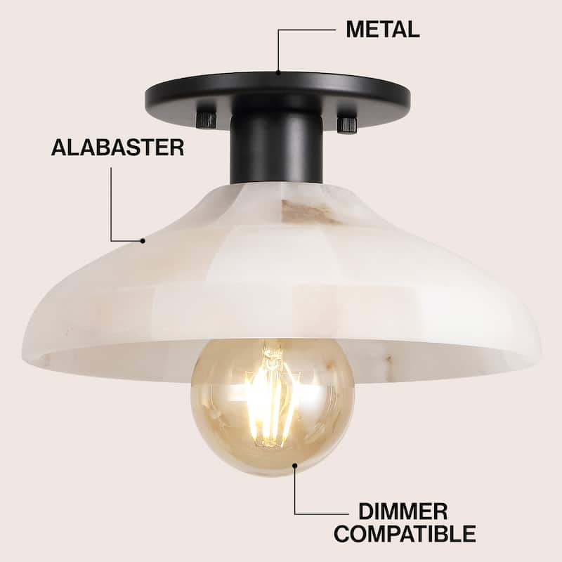 Aubrey 10" 1-Light Mid-Century Classic Alabaster/Iron LED Semi Flush Mount, White/Brass Gold, by JONATHAN Y