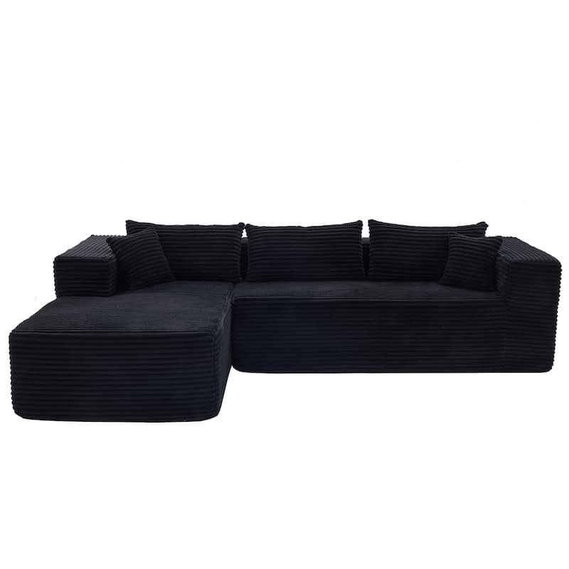 L-Shaped Modular Sectional Sofa with Chaise, Oversized Corduroy Upholstered 3 Seater Sofa, Deep Seat Cloud Couch with 6 Pillows - Black