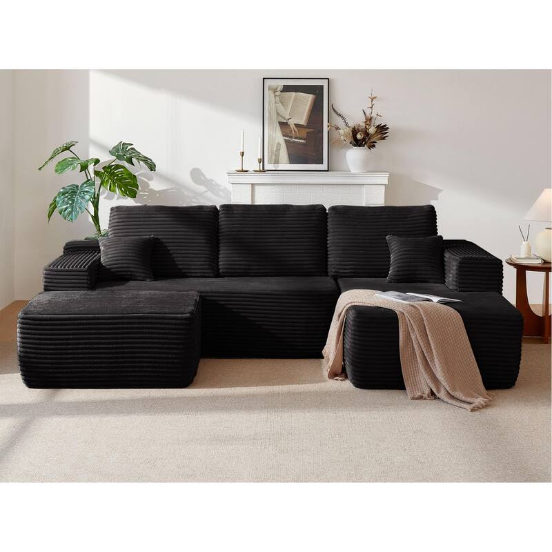 U-Shaped Modular Sectional Sofa with Chaise Lounge & Ottoman, Comfy Deep Seat Cloud Couch, Lounge Sofa with Side Pockets - Black