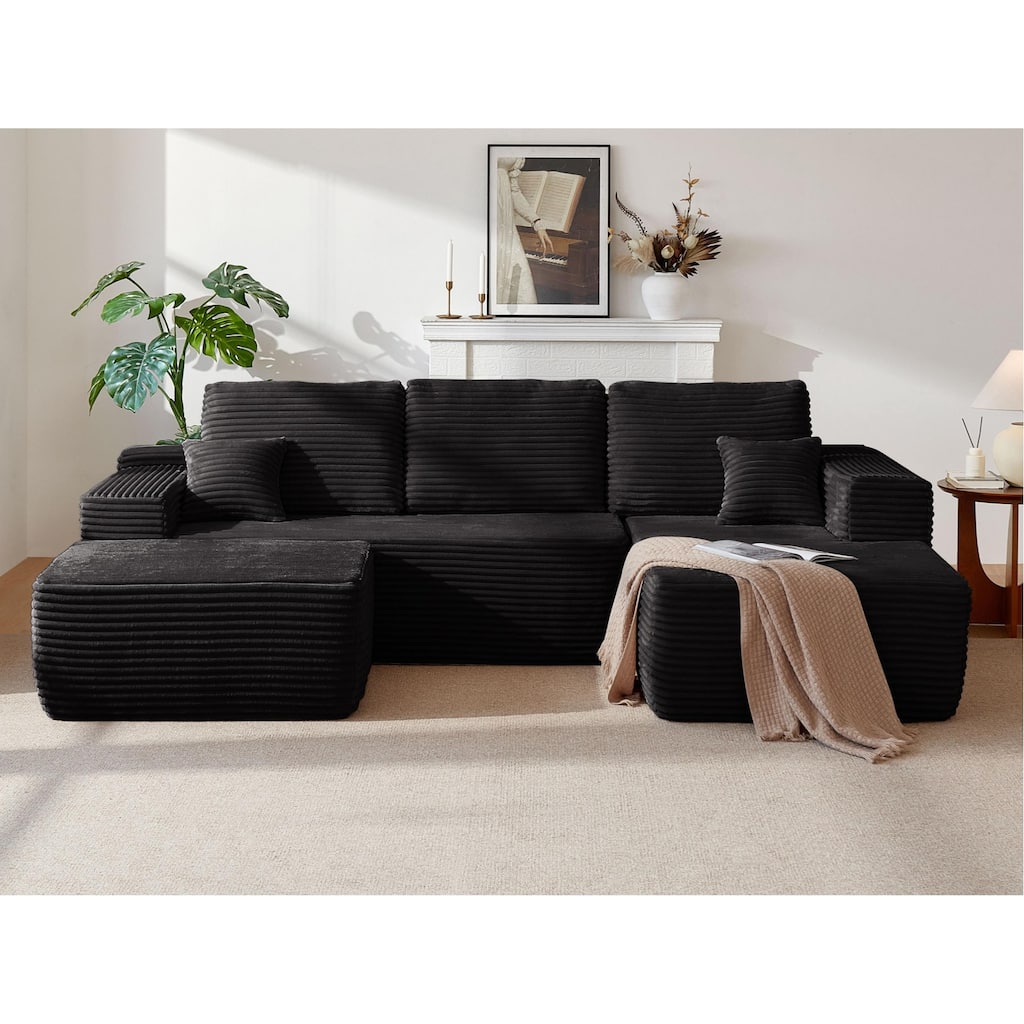 U-Shaped Modular Sectional Sofa with Chaise Lounge & Ottoman, Comfy Deep Seat Cloud Couch, Lounge Sofa with Side Pockets