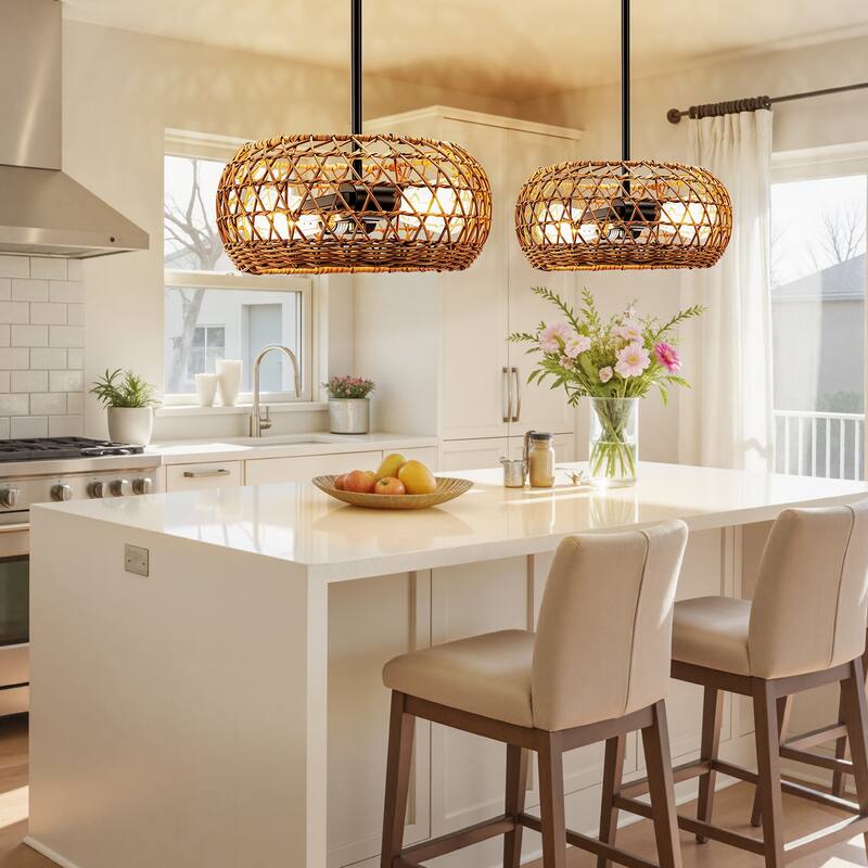 2-Light Hand Woven Pendant Rustic Hanging Lighting for Kitchen Island Bedroom, Dining Room, Living Room, Entryway - N/A - wood