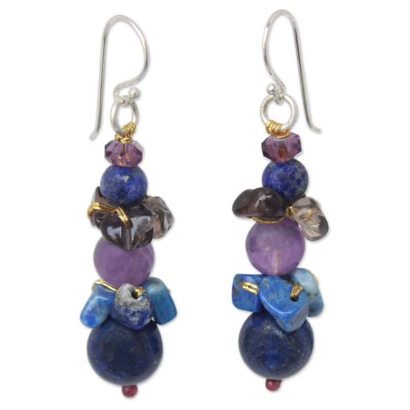 Handmade Sterling Silver 'Siam Harmony' Multi-gemstone Earrings (Thailand) - Purple - Multi-Stone - White