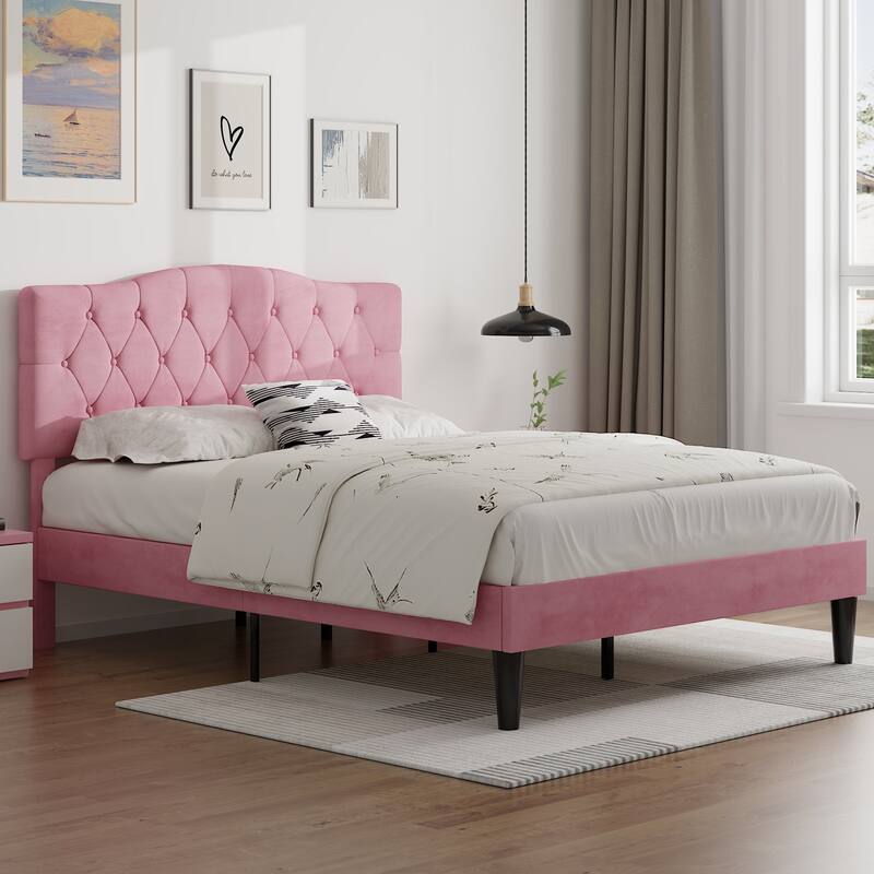 VECELO Tufted Upholstered Bed Frames With Adjustable Headboard