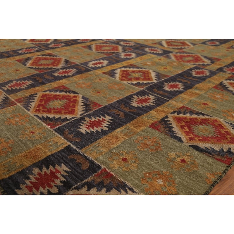 Green & Blue Geometric Kilim Oriental Area Rug Hand-Woven Wool Carpet - 7'8"x 9'10"