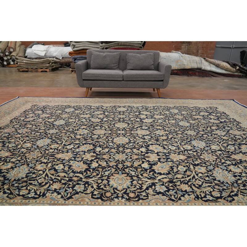 Hand Knotted Oriental 100% Wool Carpet Traditional All-Over Navy Blue & Blues Kerman Area Rug - 13' 0'' X 9' 7''