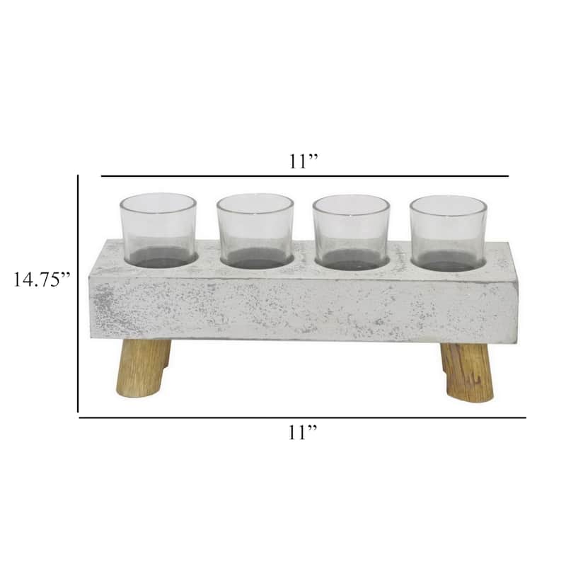 Cabo Accent Vase with 4 Glass Pots, Wood Legs, Gray Ceramic 15 Inch
