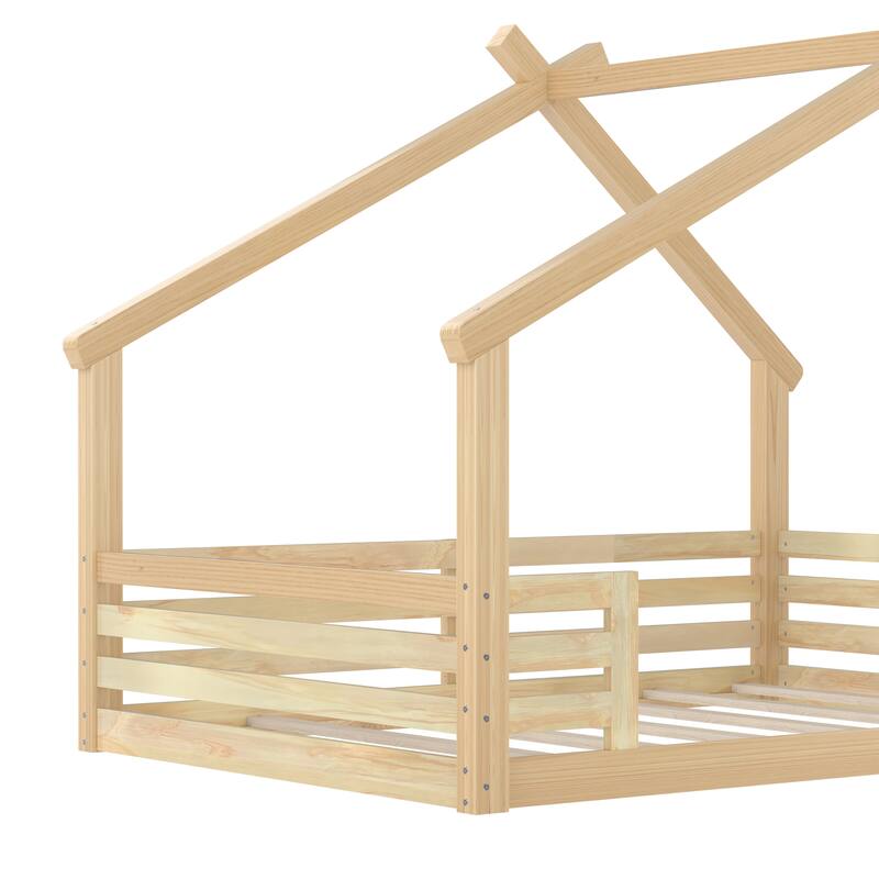 Full House Floor Bed with Window and a Small Shelf, Solid Wood Floor Bed with House-shaped Roof, No Spring Box Needed