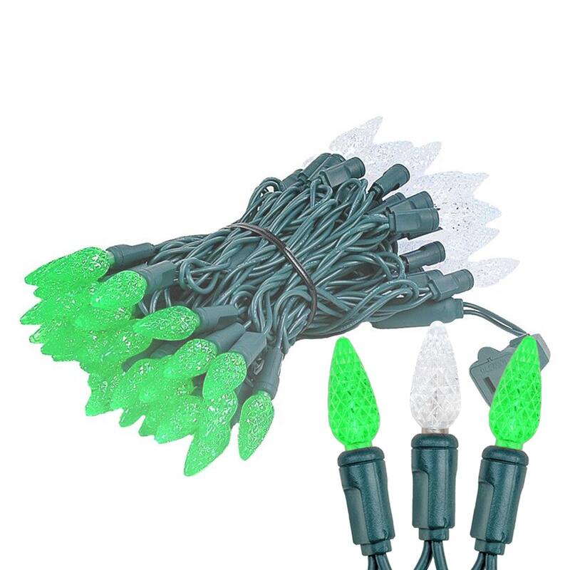 70 Light C6 LED Christmas Mini Light Set, Green/Pure White, Green Wire, 24 Feet - Large