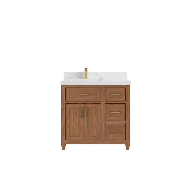 Willow Collections 36 in. W x 22 in. D Santa Monica Teak Left Offset Sink Bathroom Vanity with Countertop - 2”Calacatta Laza - Dark Natural Teak