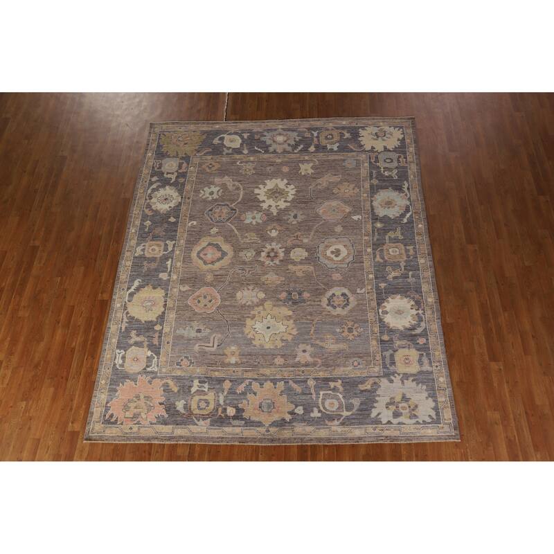 Hand Knotted Oriental 100% Wool Carpet Transitional All-Over Brown Oushak Area Rug - 9' 10'' X 8' 1''