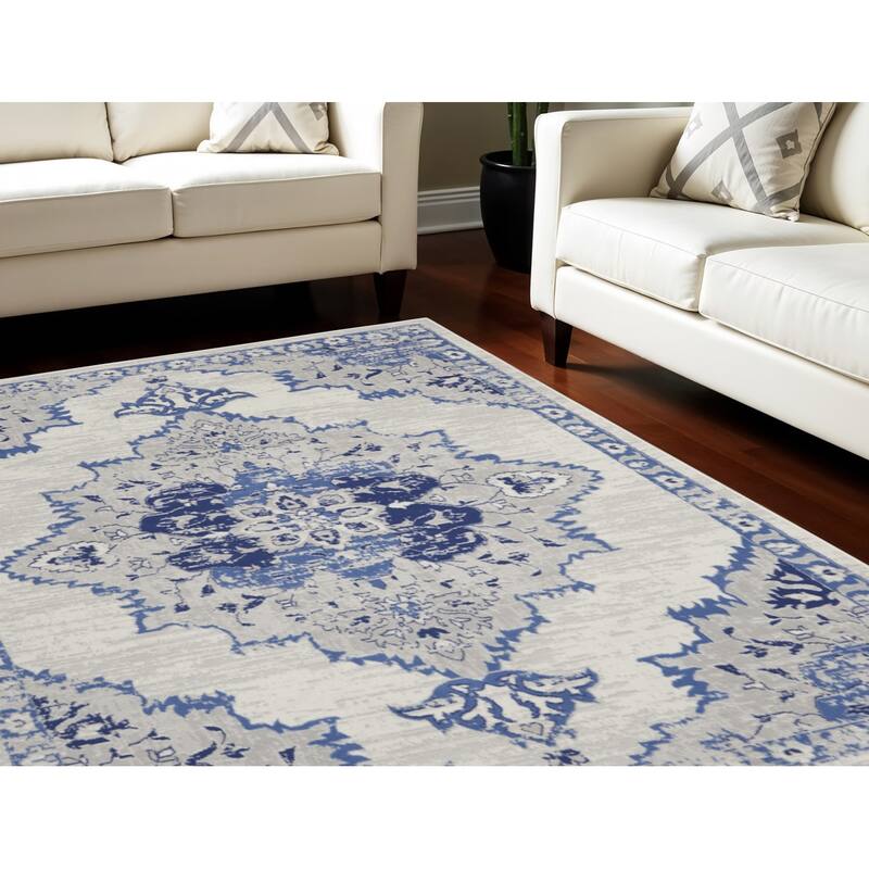 Power Loomed Distressed Floral Non Skid Stain Resistant Area Rug - 120' X '96' X '0.39 - 120' X '96' X '0.39 - Oxford Blue - Rectangle