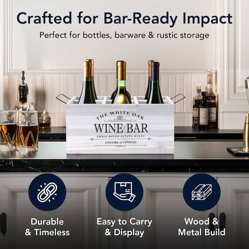 American Art Decor The Bourbon Bar Wood Crate Bottle Holder with Metal Handles - 7" H x 14" L x 8" D