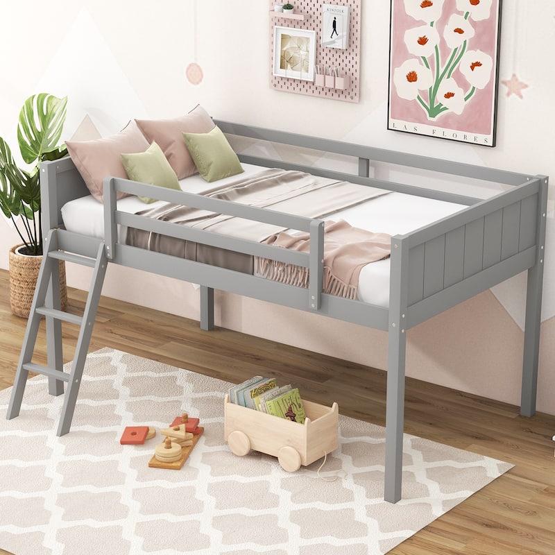 Wood Low Loft Bed with Ladder, Ladder Can Be Placed on the Left or Right