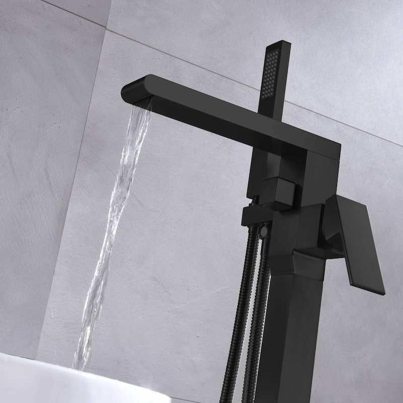 Waterfall Matte Black Freestanding pressure Balance Single Handle Bathtub Faucet with Handheld Sprayer - 9'6" x 13'6"