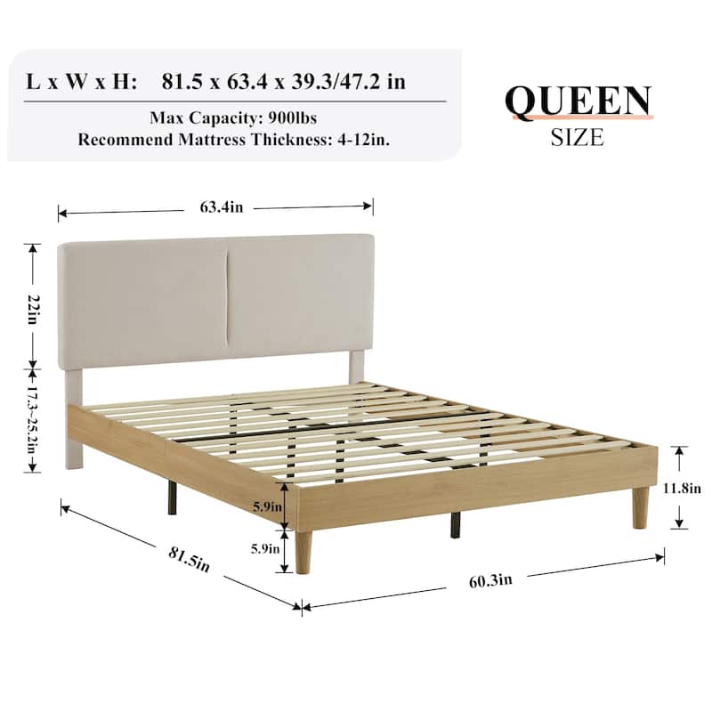 Javlergo Upholstered Bed Frame with Linen Fabric Adjustable Headboard, Strong Wood Slats Supports, No Box Spring Needed