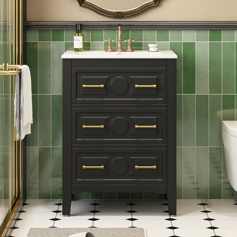 24 Inch Solid Wood Bathroom Vanity with Ceramic Sink, 3-Drawer Free Standing Storage Cabinet for Bathroom