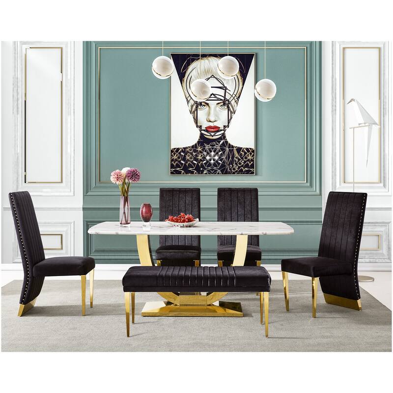 Modern Luxury Upholstered Bench Dining Room Channel Ottoman with Gold Stainless Steel Legs