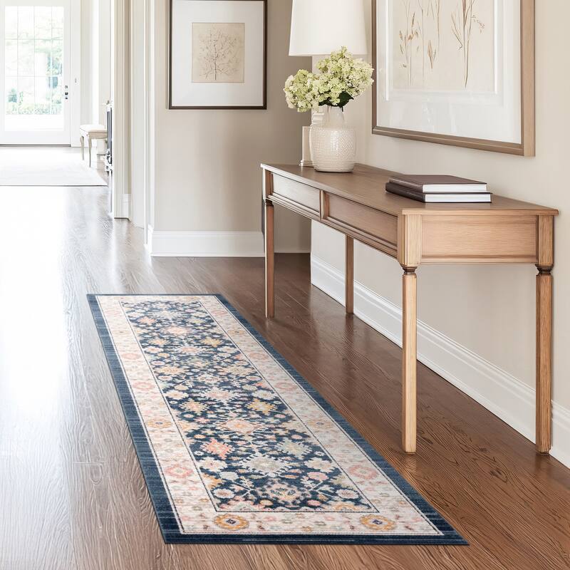 Crosswood Ellen Traditional Floral Indoor Polyester Area Rug - 2'3'' x 7'7'' - Navy/Aqua