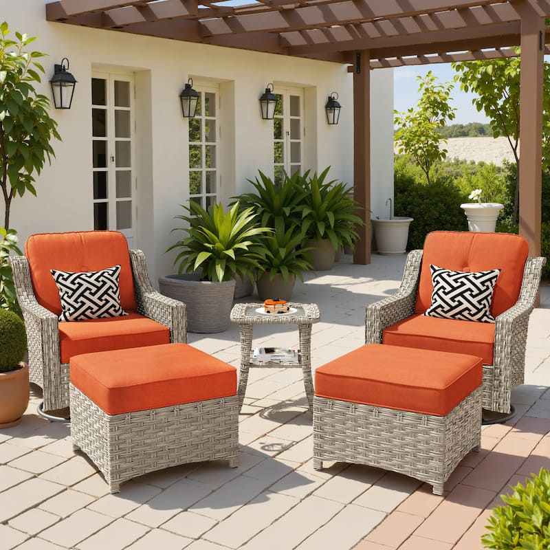 OVIOS 5 Pieces Outdoor Wicker Curved Swivel Chair Set With Ottoman - PitRed/Orange