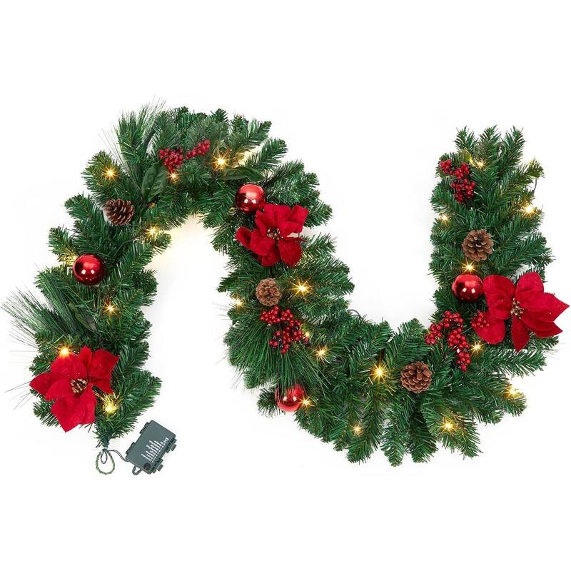 6 FT Artificial Christmas Garland with Red Flowers, Berries - N/A - Red