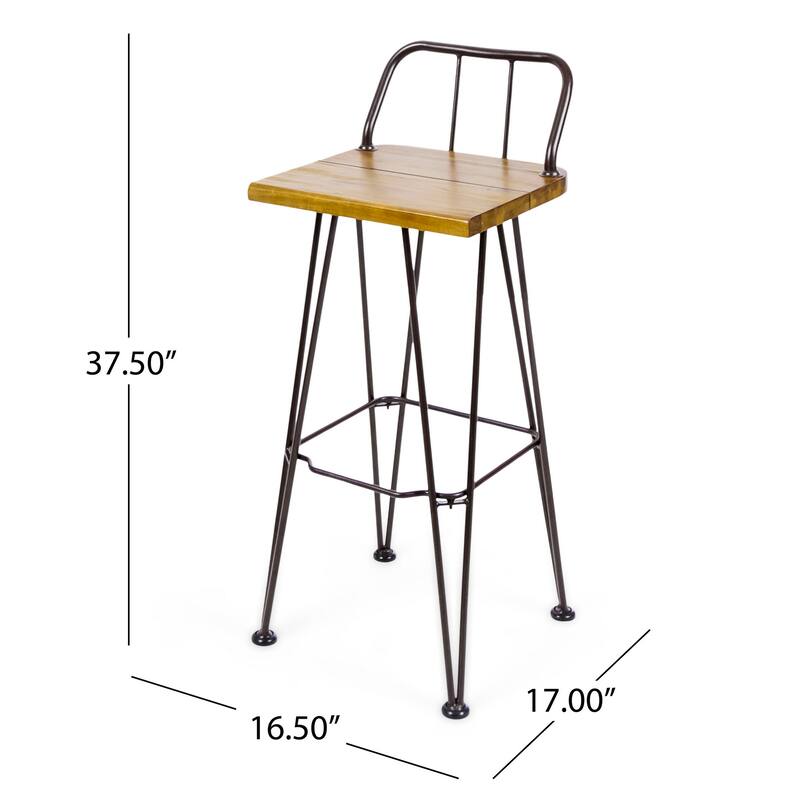 Rih Barstool Low Back Chair Set of 2, Black Metal, Brown Acacia Wood