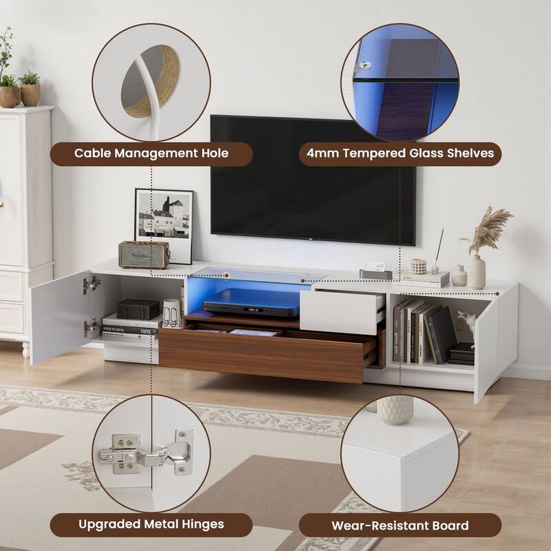 Meyreso 70.8" High Gloss TV Stand with LED Lights and Storage Drawers - 70 inches