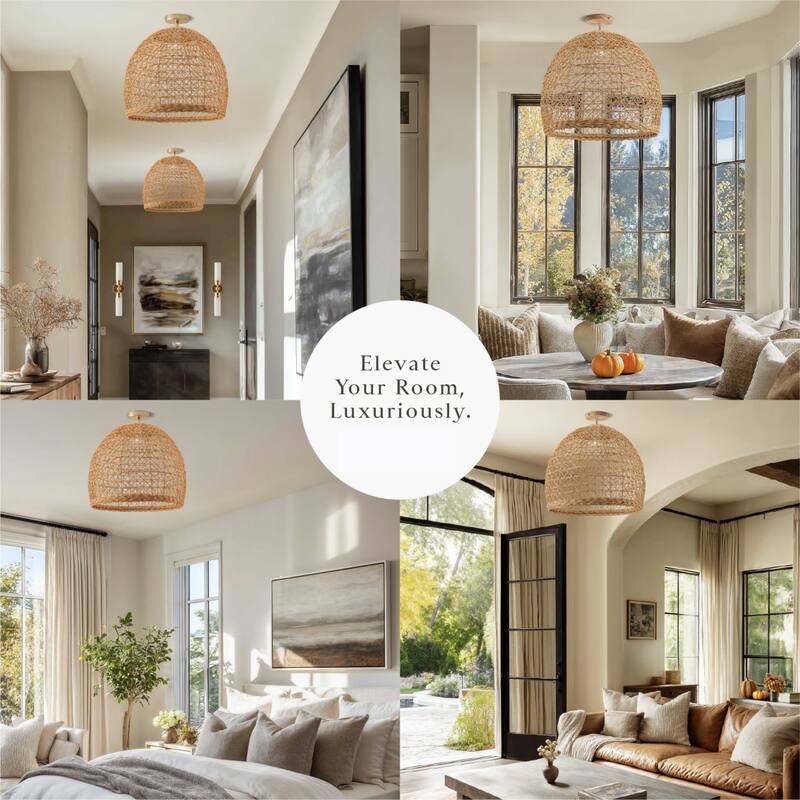Lumiere Rattan Flush Mount - Rattan Natural Handwoven Ceiling Light for Hallway or Bedroom in Modern, Farmhouse, Boho Style