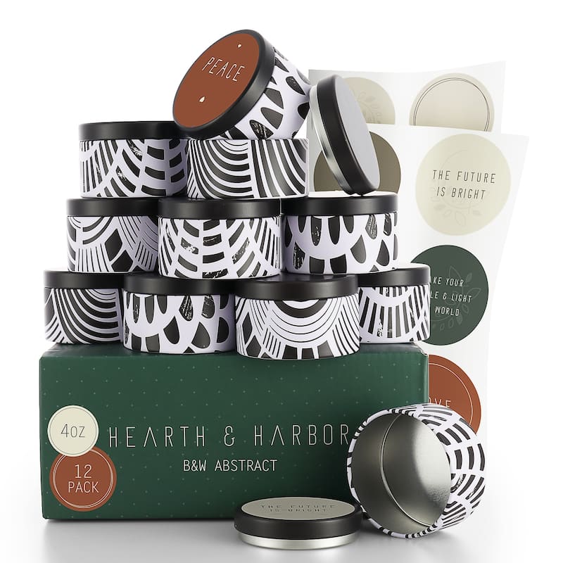 Hearth & Harbor Candle Tins - Candle Jars for Making Candles - DIY Candle Containers with Lids - 4Oz - Set of 12 - Black And White Abstract
