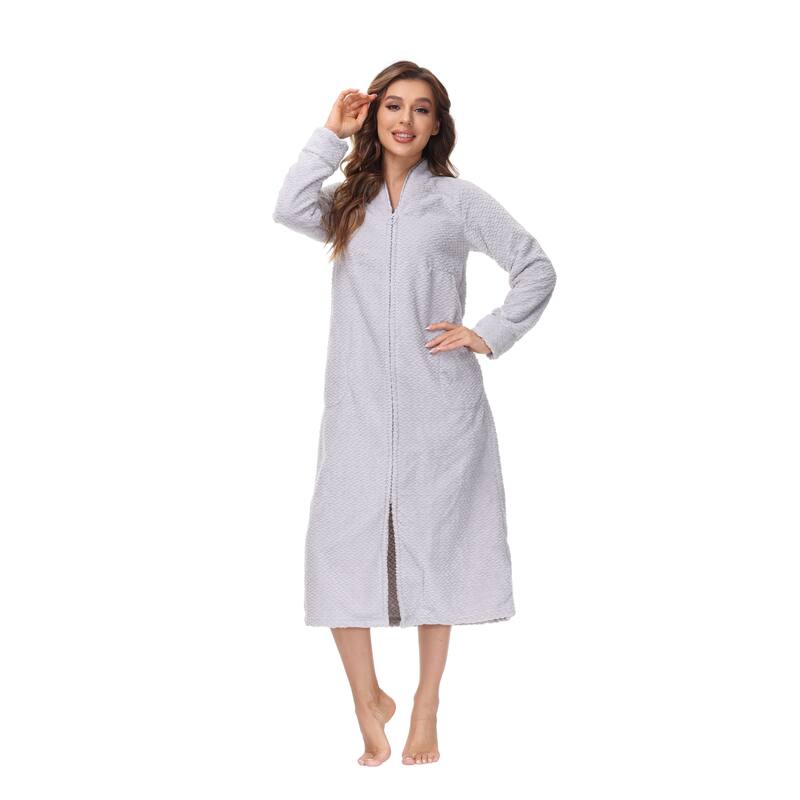 INK+IVY Women's Zip Front Embossed Plush Bathrobe