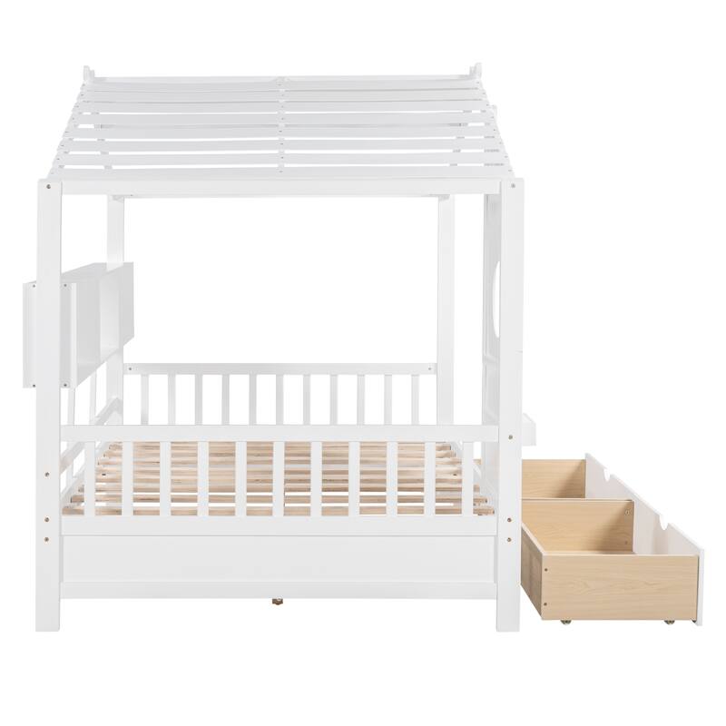 White Kids House Bed with 2 Drawers & Storage Shelf - Cute Design, Spacious Storage, Safe Toddler Bed