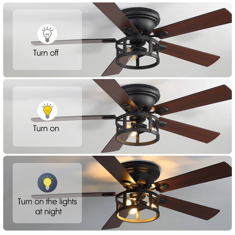 52-inch Flush Mount Caged Ceiling Fan with Light and Remote(5 Reversible Blades)