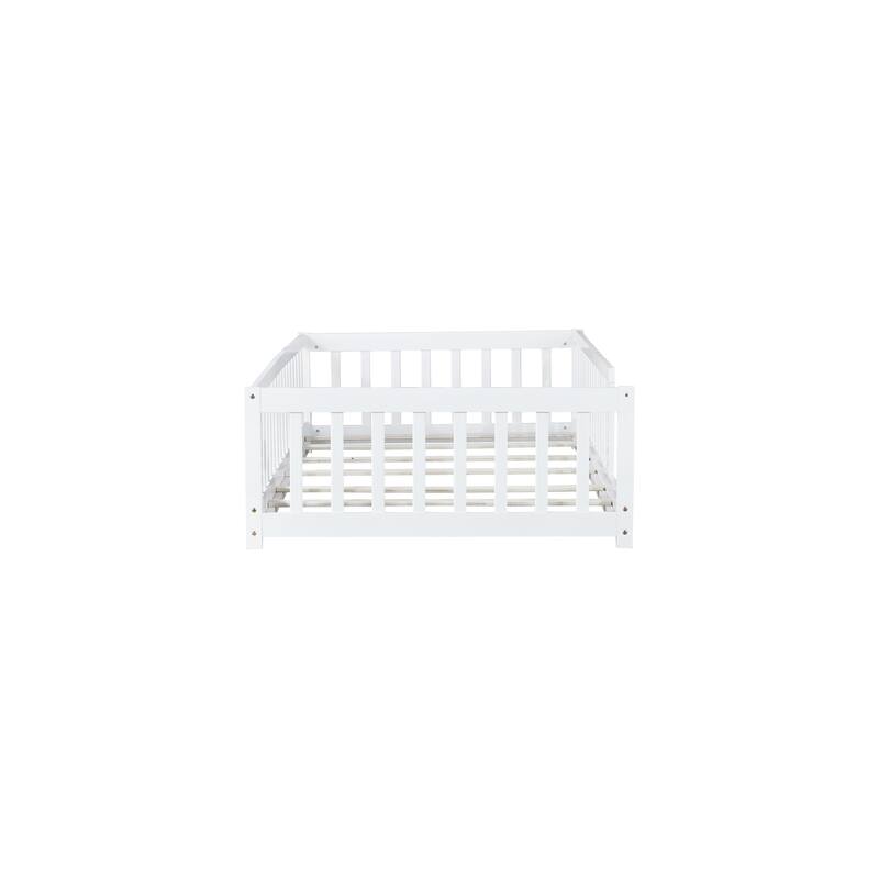 Twin Size Floor Bed With Fence Without Door, Rubber Wood Floor Bed With Safety Guardrails