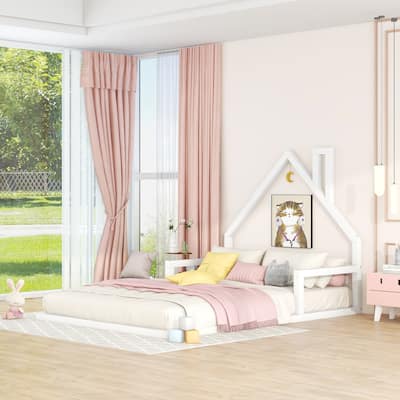Full Size Wooden Floor Bed with House-Shaped Headboard, Sturdy Pine Frame