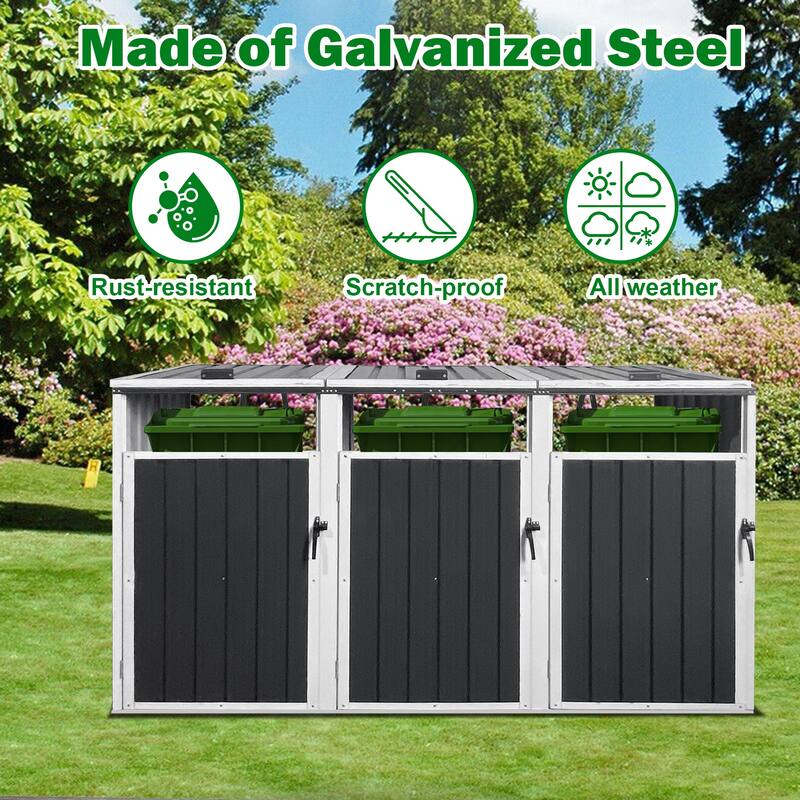 77 Cu.Ft Outdoor 3 Trash Cans Storage，Lockable Garbage Bin Storage, Galvanized Steel Storage Waterproof in Grey