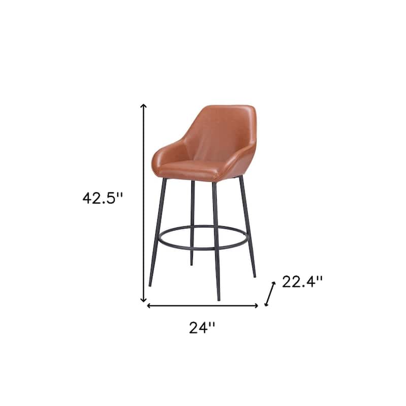 Set of Two 30" Brown And Black Faux Leather And Steel Bar Height Bar Chairs