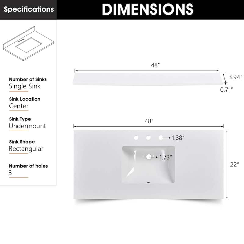 Icelume White 48 inch Cultured Marble Bathroom Vanity Top