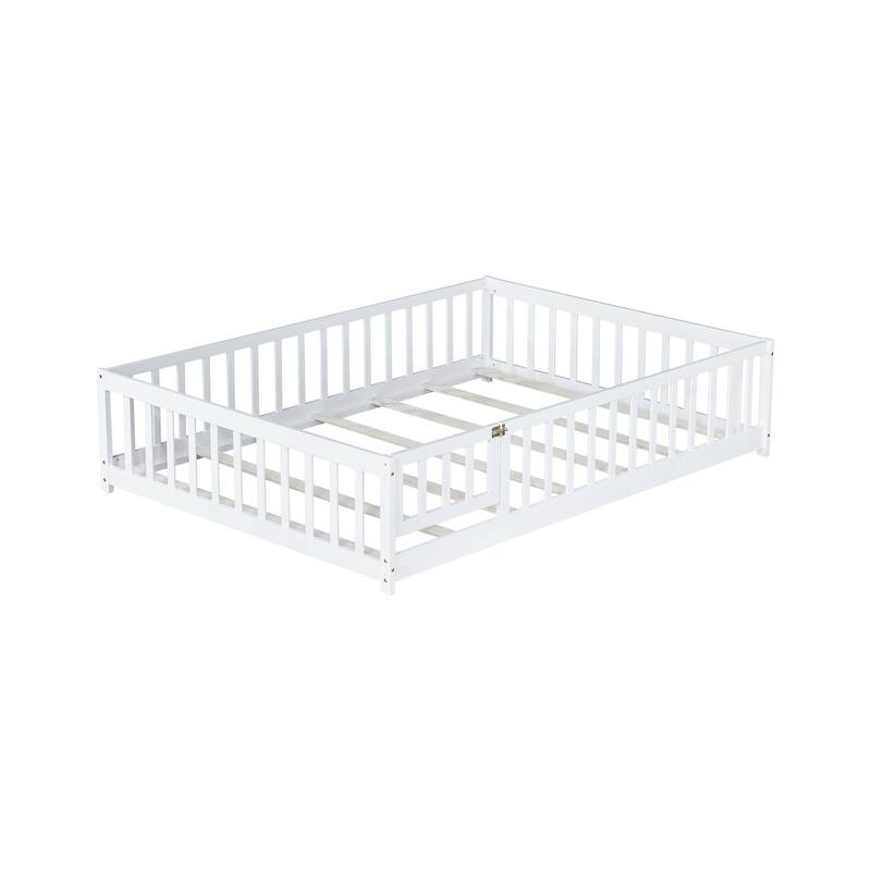 Twin/Full/Queen Size Floor Bed with Fence Guardrails and Door, Rubber Wood Toddler Bed Montessori Bed with Slats Support