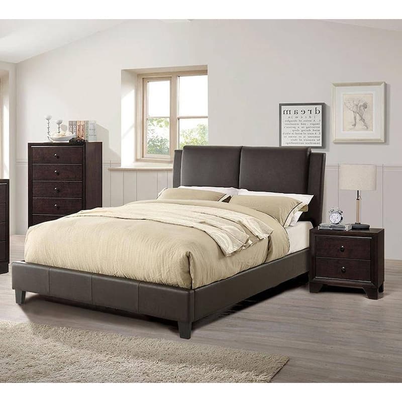 California King Size Bed 1pc Bed Set Brown Faux Leather Upholstered Two-Panel Bed Frame Headboard Bedroom Furniture