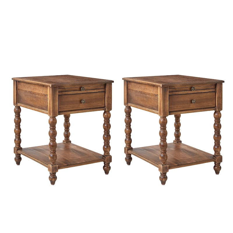 Eric Traditional 26" Tall Solid Wood End Table with Built-in Charging Station and Extendable Tray Set of 2 by HULALA HOME