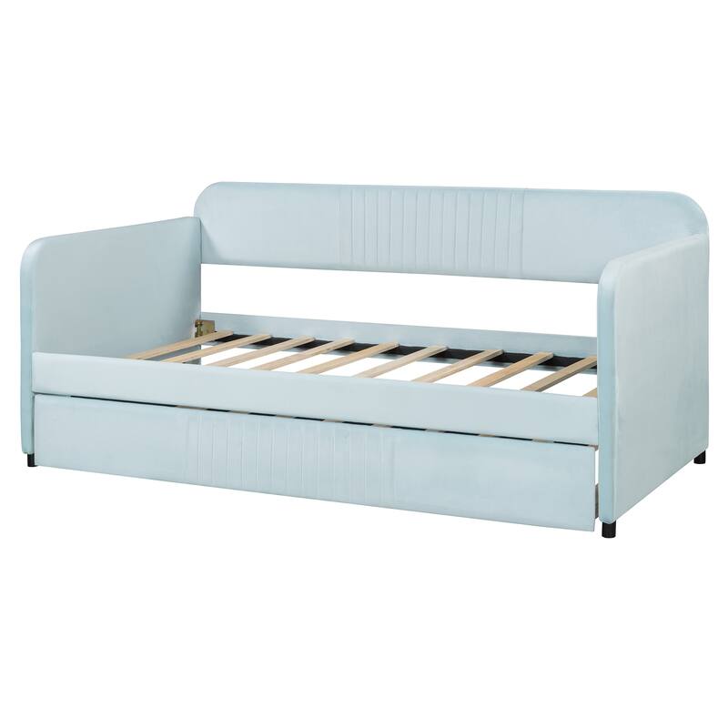 Roomfitters Twin Size Upholstered Daybed with Trundle, Velvet Fabric Sofa Bed with Wood Slats