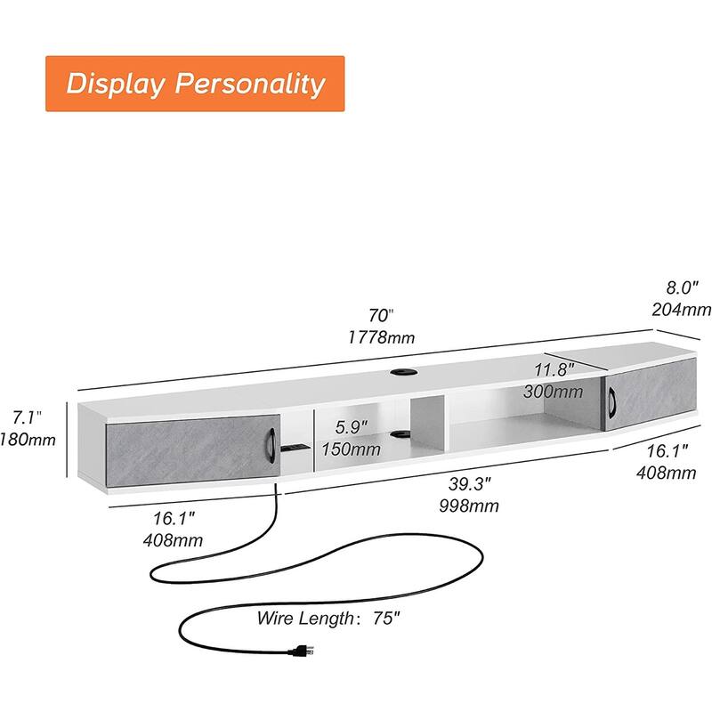 FITUEYES Floating TV Stand With Charging Station, Entertainment Center Under TV,Media Console Table - 70''