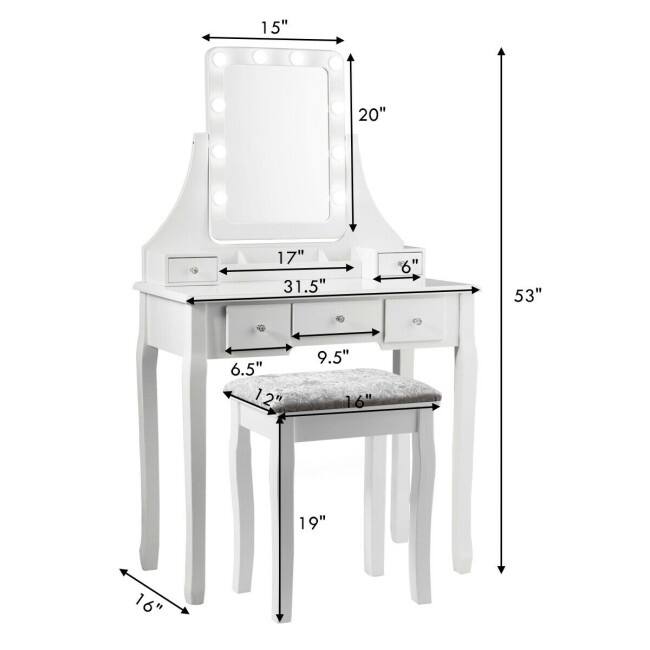 Vanity Dressing Table Set with 10 Dimmable Bulbs and Cushioned Stool - 31.5" x 16" x 53"(L x W x H)